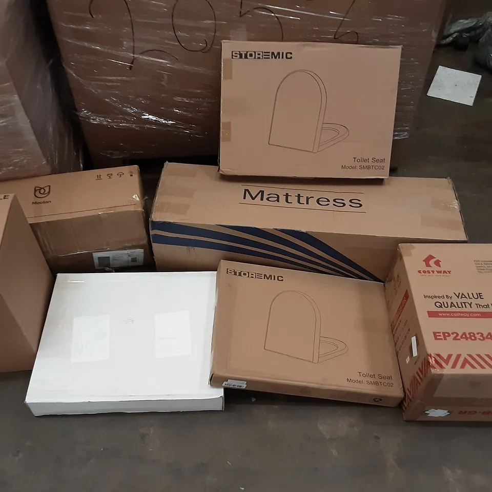 PALLET OF ASSORTED PRODUCTS INCLUDING STOREMIC TOILET SEAT, COSTWAY, MOOLAN MULTI-FUNCTION STEAM MOP, WOODEN SLANT BOARD, HOMIDEC, VACMASTER
