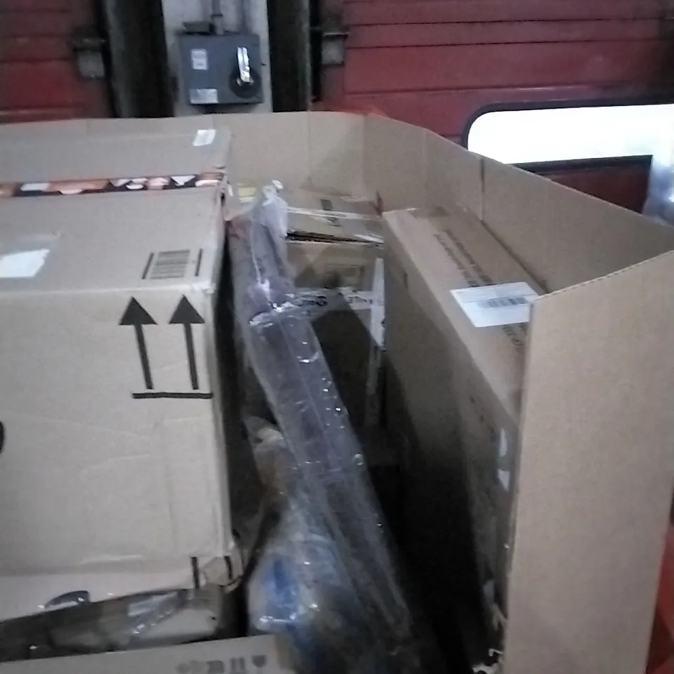 PALLET OF HOUSEHOLD ITEMS TO INCLUDE CHILDREN'S TRICYCLE, FLOATING SHELF,METAL BED FRAME, RUG AND OTHER ASSORTED ITEMS...