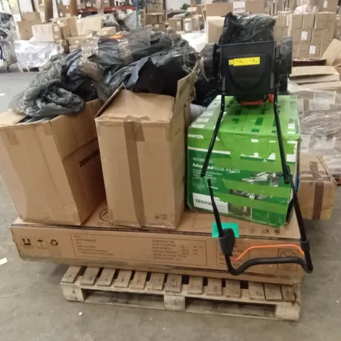 PALLET OF ASSORTED INCOMPLETE OR DAMAGED GOODS AND PRODUCTS TO INCLUDE; LAWN MOWER, TRAMPOLINE, AIR COOLER ETC