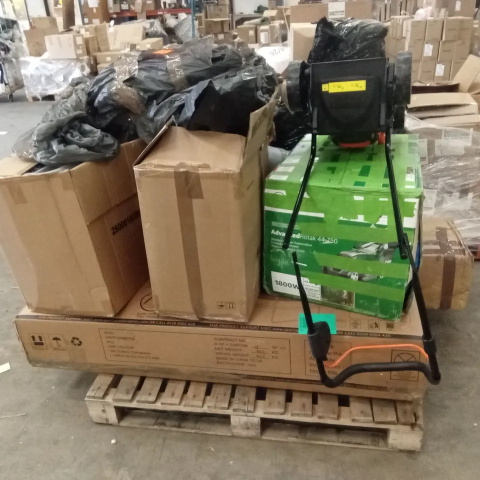 PALLET OF ASSORTED INCOMPLETE OR DAMAGED GOODS AND PRODUCTS TO INCLUDE; LAWN MOWER, TRAMPOLINE, AIR COOLER ETC