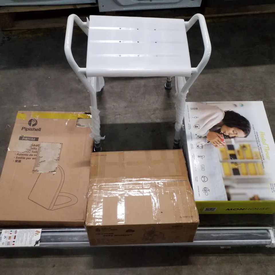 PALLET CONTAINING ASSORTED PRODUCTS INCLUDING HEATED THROW, TOILET SEAT, SHOWER STOOL, BABY WALKER, DAY & NIGHT ROLLER BLIND 