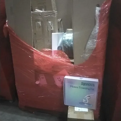 PALLET OF ASSORTED HOUSEHOLD GOODS AND PRODUCTS TO INCLUDE; AIR COOLER, PILATES TRAINING KIT, BOXED FURNITURE ETC