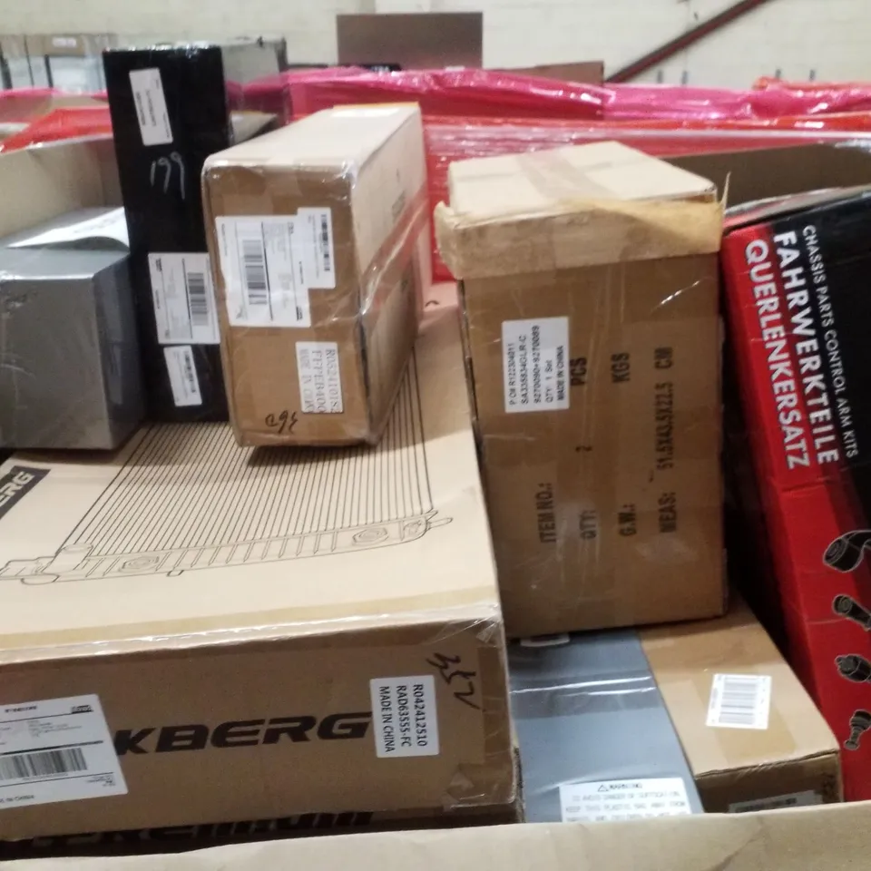 PALLET CONTAINING ASSORTED PRODUCTS INCLUDING BRAKE DUST SHIELD, CHASSIS PARTS CONTROL ARM KITS & CONDENSER