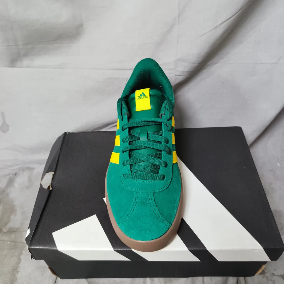 ADIDAS GREEN SUEDE SNEAKERS WITH YELLOW STRIPES SIZE UK 8.5
