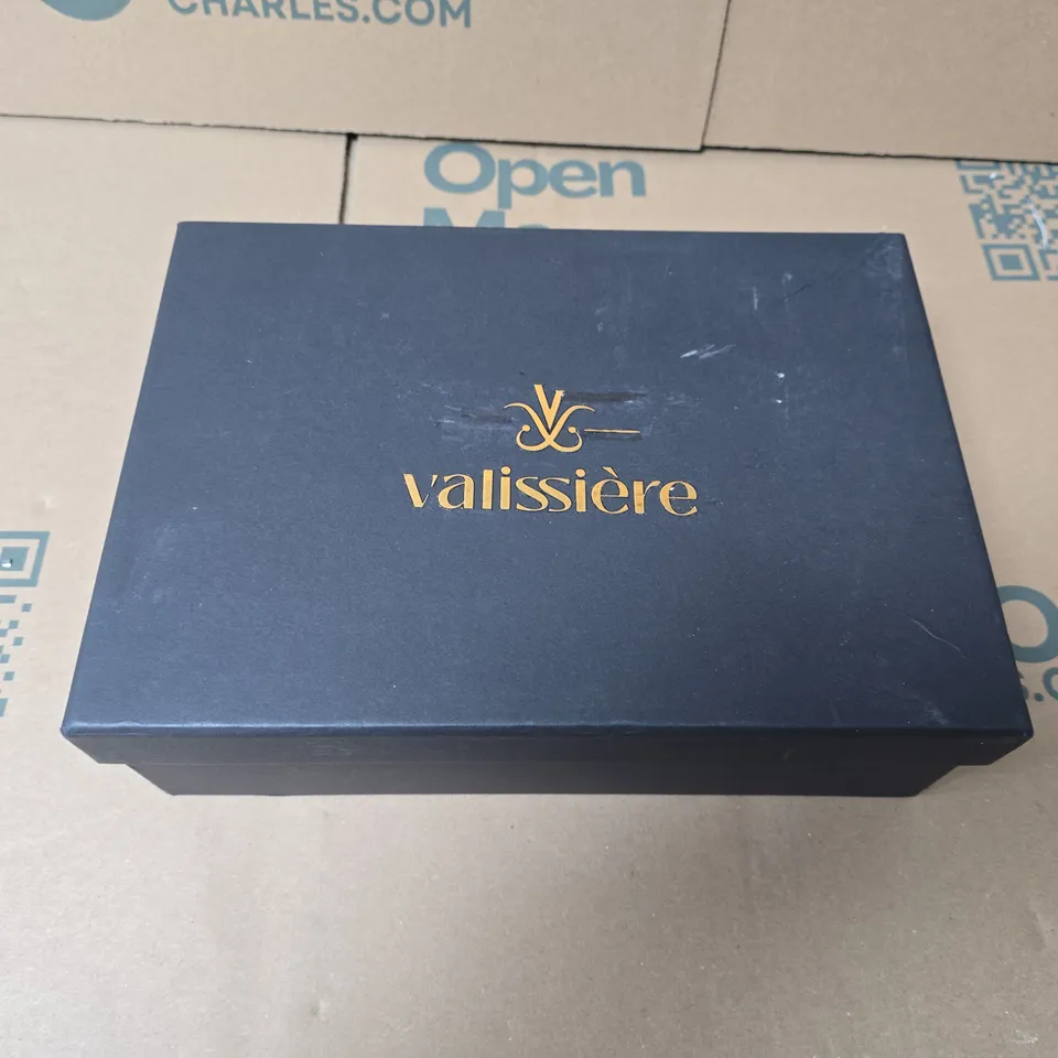 VALISSIÉRE NAVY FLORAL CLUTCH BAG WITH CHAIN STRAP – BOXED