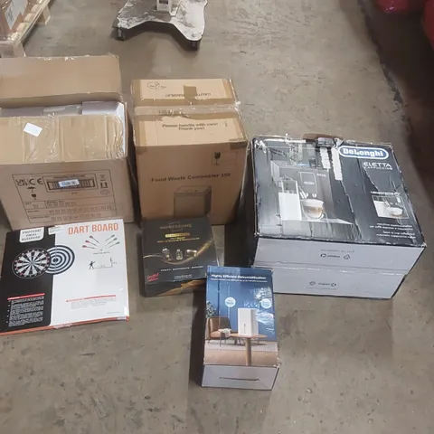 PALLET OF ASSORTED ITEMS INCLUDING: DELONGHI CAPPUCCINO MACHINE, MORPHY RICHARDS BREAD MAKER, FOOD WASTE COMPOSTER, DART BOARD, DEHUMIDIFIER ECT