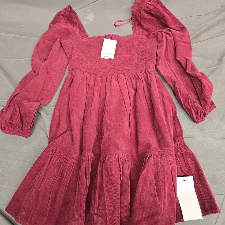 NOBODYS CHILD LS ELSA MINI DRESS PLAIN IN CORD BURGUNDY - UK 8