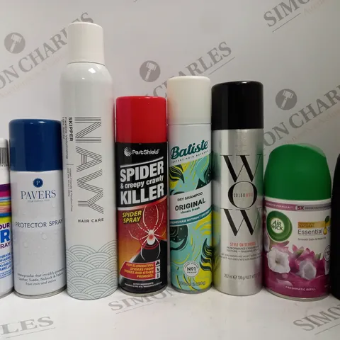 BOX OF APPROX 12 ASSORTED AEROSOLS TO INCLUDE PAVERS PROTECTOR SPRAY, BATISTE DRY SHAMPOO, COLORWOW FINISHING SPRAY, ETC