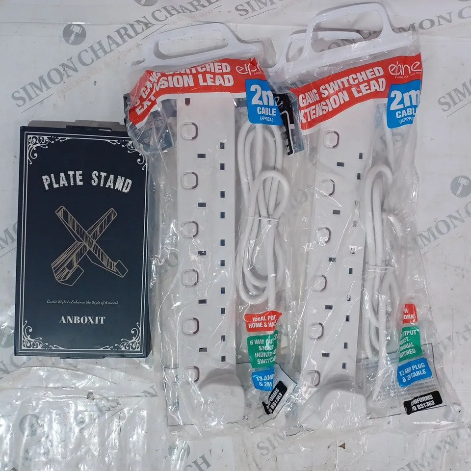 BOX OF APPROXIMATELY 15 ASSORTED HOUSEHOLD ITEMS TO INCLUDE ELPINE 6 GANG SWITCHED EXTENSION LEAD, ANBOXIT PLATE STAND, ETC