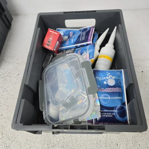 BOX CONTAINING A MIX OF APPROXIMATELY 15 ASSORTED ITEMS INCLUDING CAULK, CARTRIDGE CLEANER, AEROPRESS ETC.