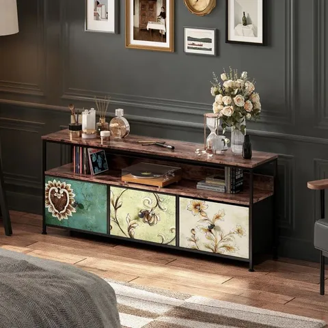 BOXED INDUSTRIAL TV STAND WITH LED LIGHTS, 3 DRAWERS & OPEN SHELF