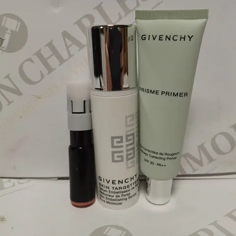 LOT OF APPROXIMATELY 11 GIVENCHEY PRODUCTS TO INCLUDE 6 SKIN TARGETTERS SKIN EMBELLISHING SERUM (30ml), 3 PRISME PRIMER 05-VERT (30ml), 2 ROUGE INTERDIT VINTL LIPSTICK