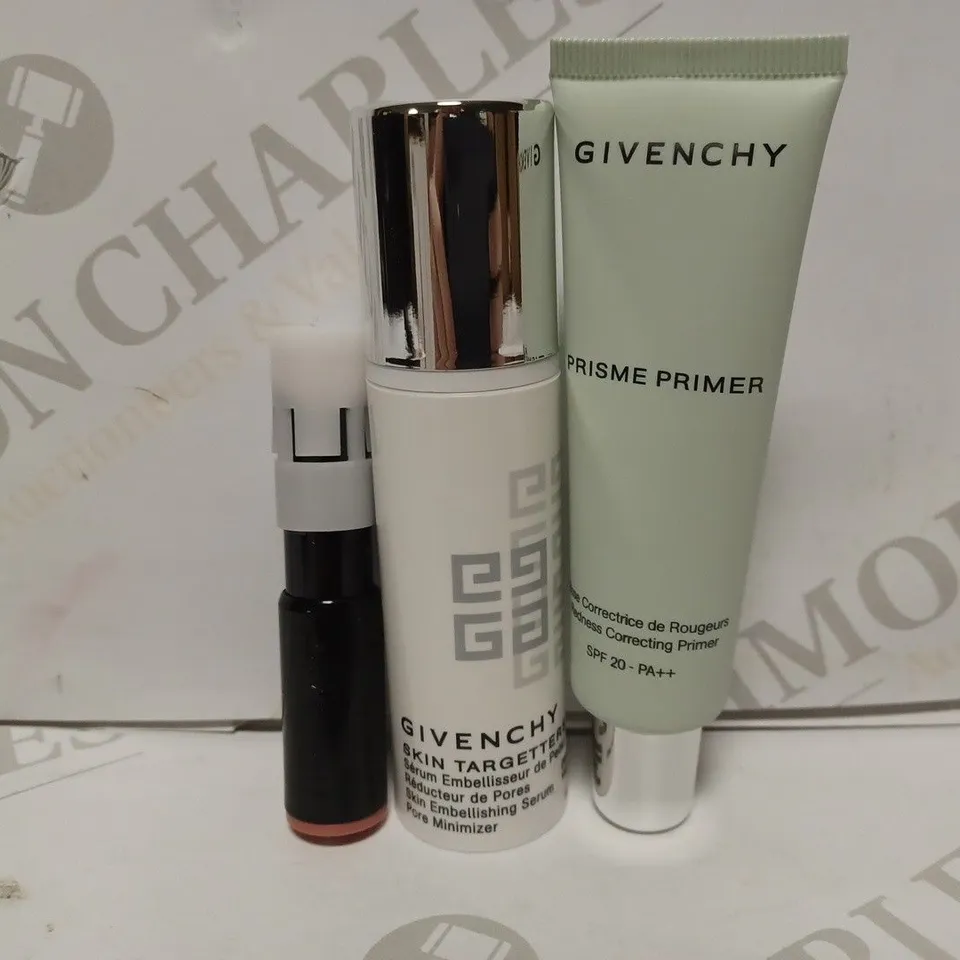 LOT OF APPROXIMATELY 11 GIVENCHEY PRODUCTS TO INCLUDE 6 SKIN TARGETTERS SKIN EMBELLISHING SERUM (30ml), 3 PRISME PRIMER 05-VERT (30ml), 2 ROUGE INTERDIT VINTL LIPSTICK
