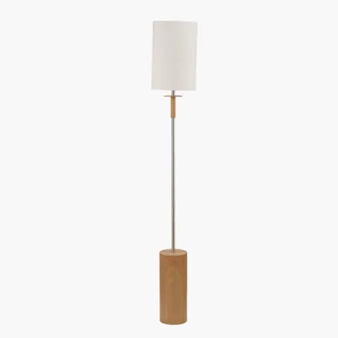 BOXED BONHAM NATURAL WOOD VENEER AND SILVER METAL FLOOR LAMP