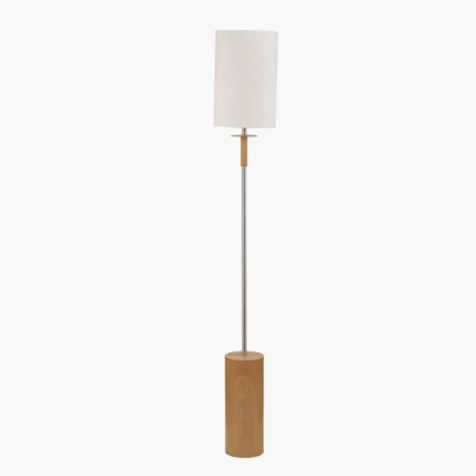 BOXED BONHAM NATURAL WOOD VENEER AND SILVER METAL FLOOR LAMP
