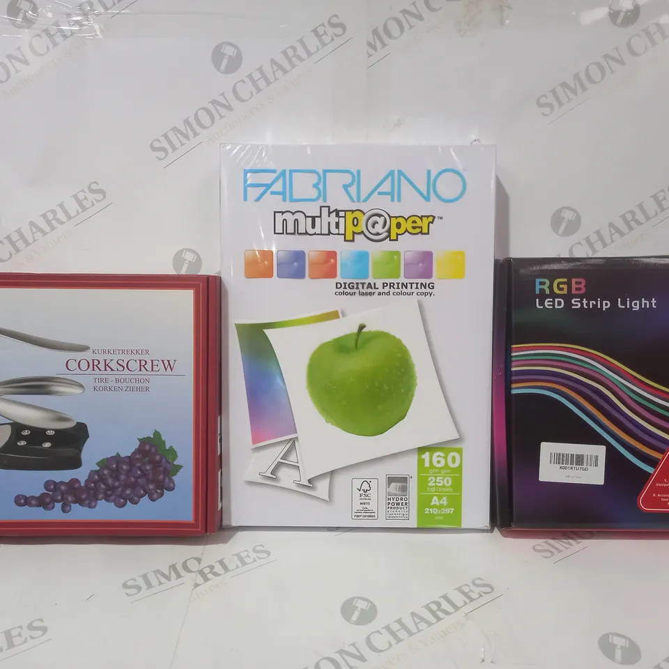 BOX OF APPROXIMATELY 20 ASSORTED HOUSEHOLD ITEMS TO INCLUDE RGB STRIP LIGHT, CORKSCREW, ETC