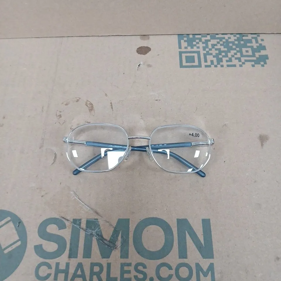 VALENTINO CLEAR-FRAME EYEGLASSES WITH BLUE TEMPLES; INCLUDES RED VALENTINO CASE
