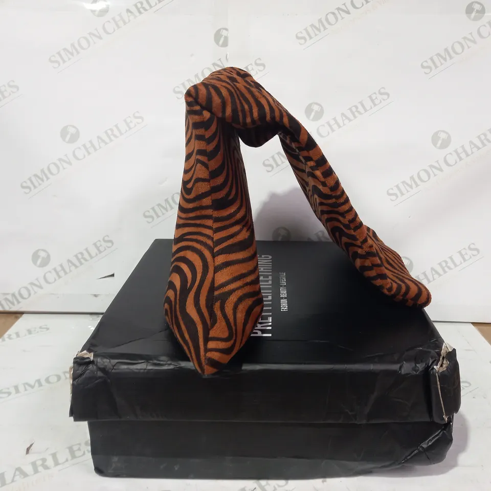BOXED PAIR OF PRETTY LITTLE THING FAUX SUEDE POINTED TOE STILETTO HEEL KNEE HIGH BOOTS IN BURNT SIENNE COLOURED ZEBRA PRINT SIZE 7
