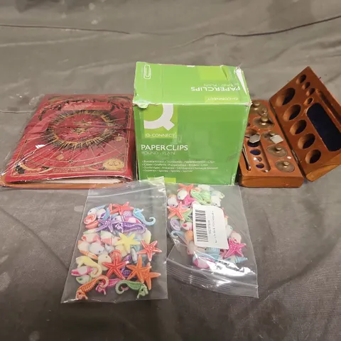 TOTE OF APPROXIMATELY 10 ASSORTED HOUSEHOLD ITEMS TO INCLUDE PAPERCLIPS, DIARIES AND CRAFT ACCESSORIES