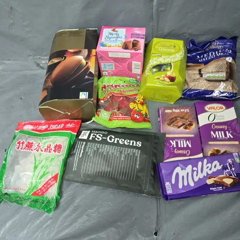 APPROXIMATELY 10 ASSORTED FOOD ITEMS TO INCLUDE LINDT PISTACHIO, MANGO FS-GREENS, AND THE CRACKING PISTACHIO EGG ETC.