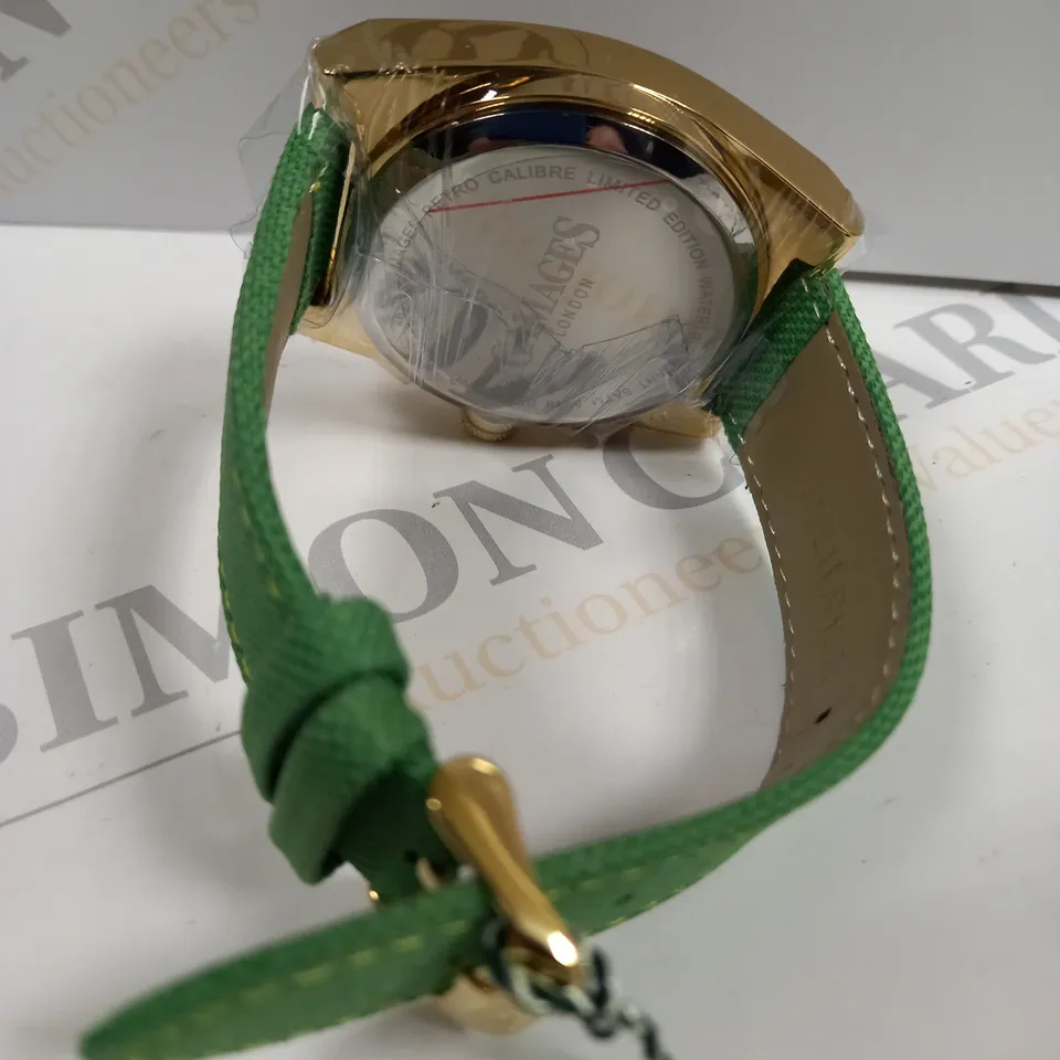 BOXED GAMAGES RETRO CALIBRE GOLD EFFECT CASE GREEN STRAP WATCH 