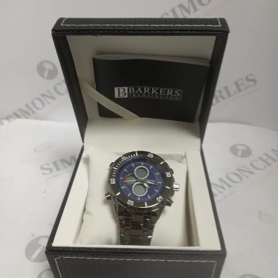 BOXED BARKERS OF KENSINGTON PREMIER SPORT BLUE DIAL WATCH 