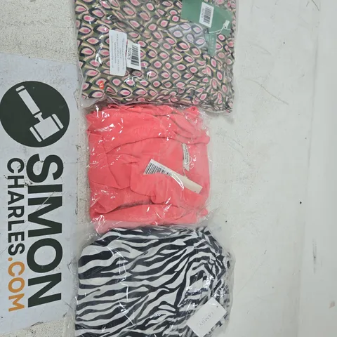 CLOTHING & ACCESSORIES BUNDLE – 3 UNBRANDED GARMENTS (ZEBRA PRINT, PINK & GEOMETRIC PATTERNS) (VERIFY)WOMEN'S CLOTHING BUNDLE – APROX 40 ITEMS TO INCLUDE CLOTHING ITEMS JUMPERS , TOPS AND DRESSES 