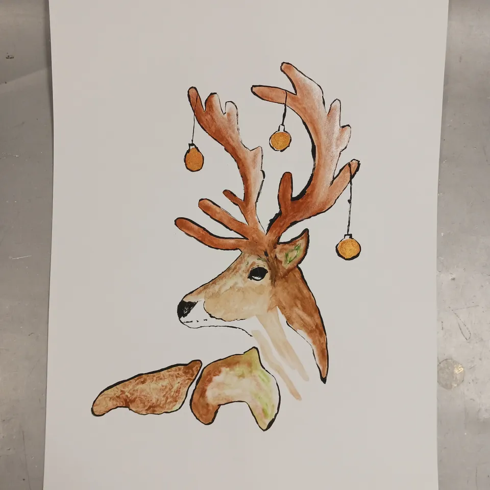 SIGNED AND DATED PERSONALISED WATERCOLOUR FESTIVE REINDEER PAINTING 