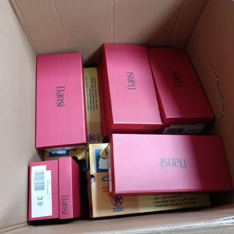 BOX OF APPROXIMATELY 14 ASSORTED PAIRS OF SHOES IN VARIOUS STYLES , COLOURS AND SIZES INCLUDING DANSI AND SKECHERS