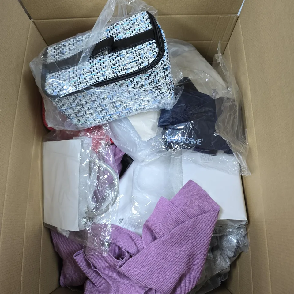 BOX OF APPROXIMATELY 15 ASSORTED ITEMS INCLUDING A LIVMORE MAKEUP BAG, AN OBUSFORME SIDE SLEEPER INFLATABLE TRAVEL PILLOW AND LA MAREY LARGE PURPLE JUMPER