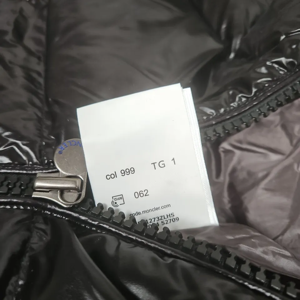 MONCLER BLACK MAYA JACKET WITH HOOD, SIZE 1 WITH TAGS