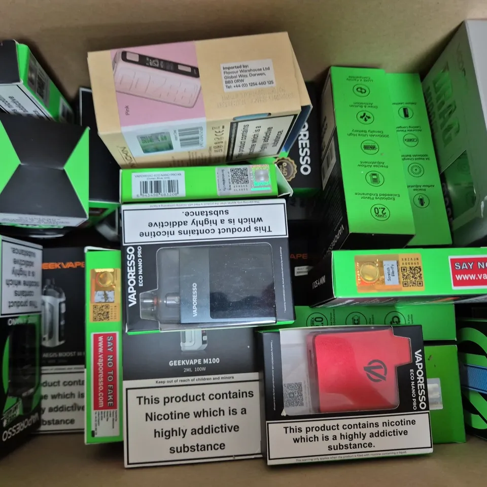 BOX OF APPROXIMATELY 20 ASSORTED VAPING ITEMS AND PRODUCTS TO INCLUDE VAPORESSO, GEEK VAPE, ETC