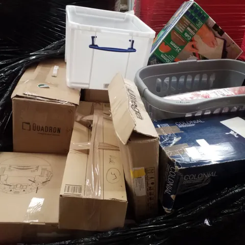 PALLET CONTAINING ASSORTED PRODUCTS INCLUDING THERMOSTATIC EXPOSERD MINI VALVE SHOWER KIT, ROBOTIC VACUUM CLEANER, COMPACT TILE CUTTER & STORAGE TUBS