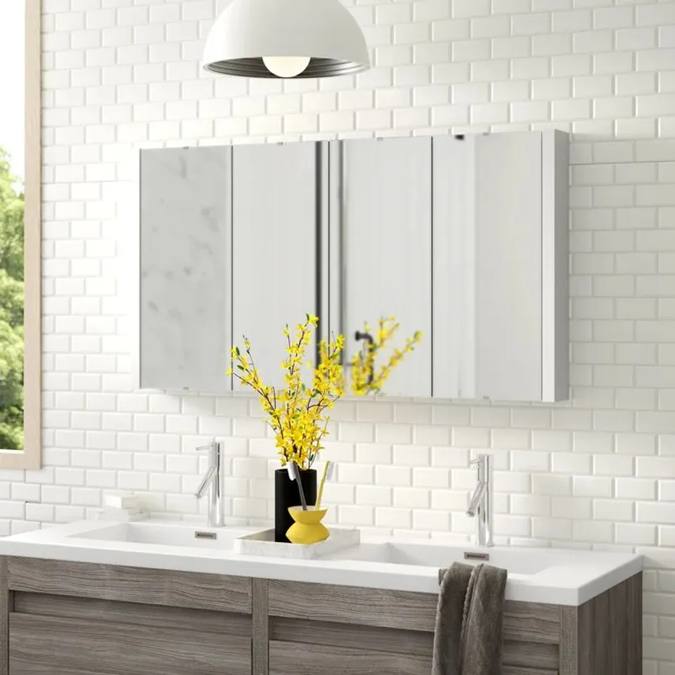 BOXED 4 DOOR MIRROR CABINET 118X65X11CM SURFACE MOUNT GLOSS WHITE