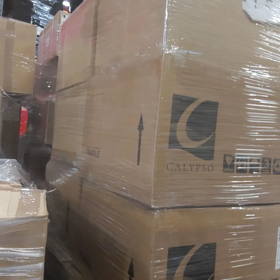 PALLET CONTAINING A LARGE QUANTITY OF BRAND NEW CALYPSO SAVENA SINGLE DRAWER VANITY BASES, CALYPSO WASHBASIN CABINET ECT