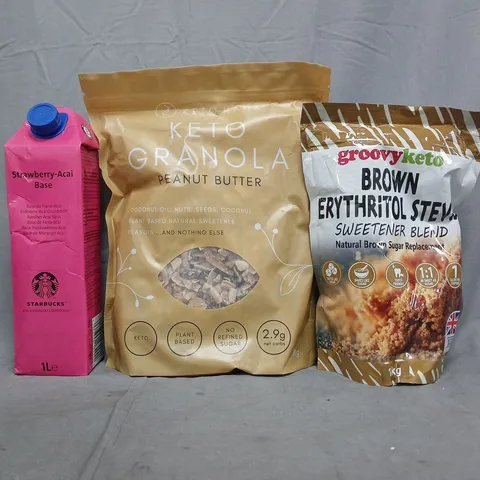 APPROXIMATELY 10 ASSORTED FOOD AND DRINK ITEMS TO INCLUDE PEANUT BUTTER KETO GRANOLA, BROWN SUGAR REPLACEMENT, ETC