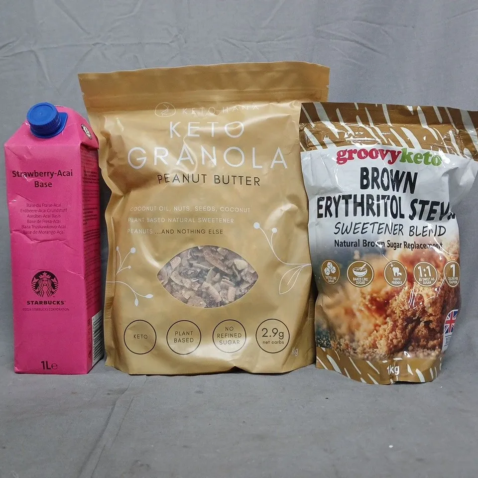 APPROXIMATELY 10 ASSORTED FOOD AND DRINK ITEMS TO INCLUDE PEANUT BUTTER KETO GRANOLA, BROWN SUGAR REPLACEMENT, ETC