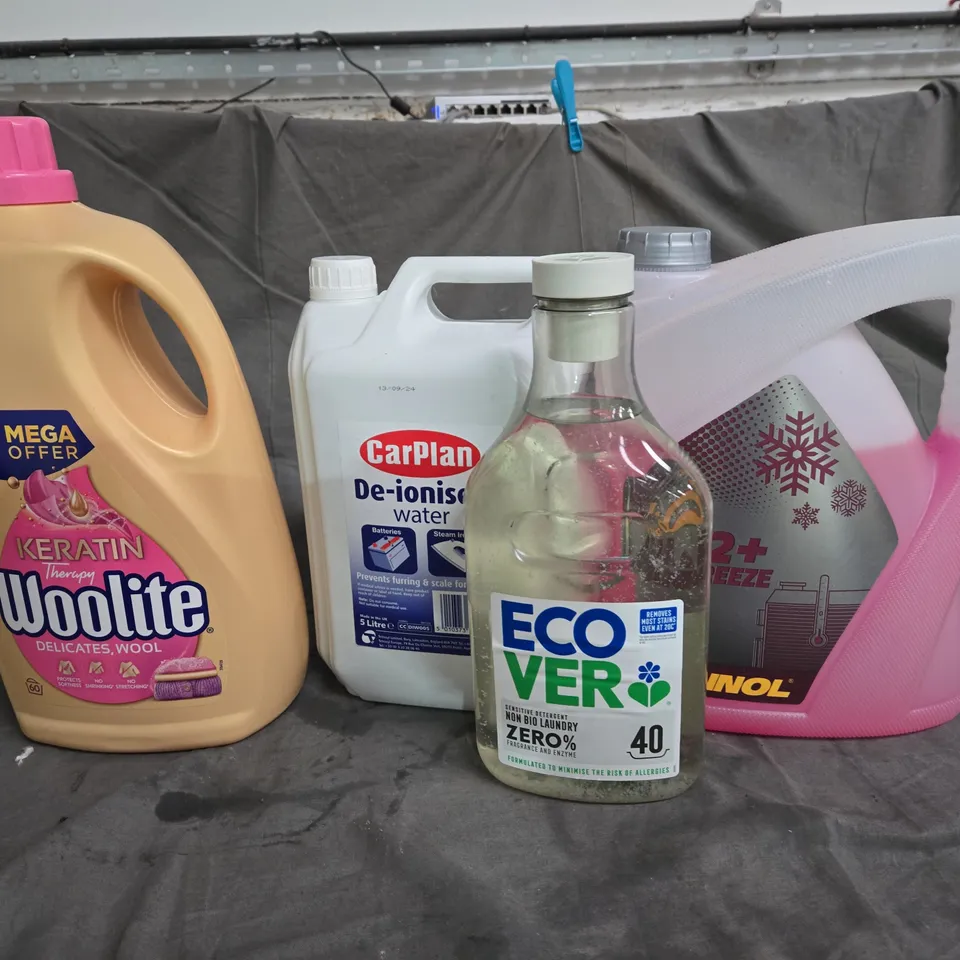 APPROXIMATELY 4 ASSORTED CLEANING PRODUCTS TO INCLUDE - MANNOL ANTIFREEZE COOLANT FLUID - CARPLAN DE-IONISED WATER - ECO VER LAUNDRY DETERGENT - COLLECTION ONLY