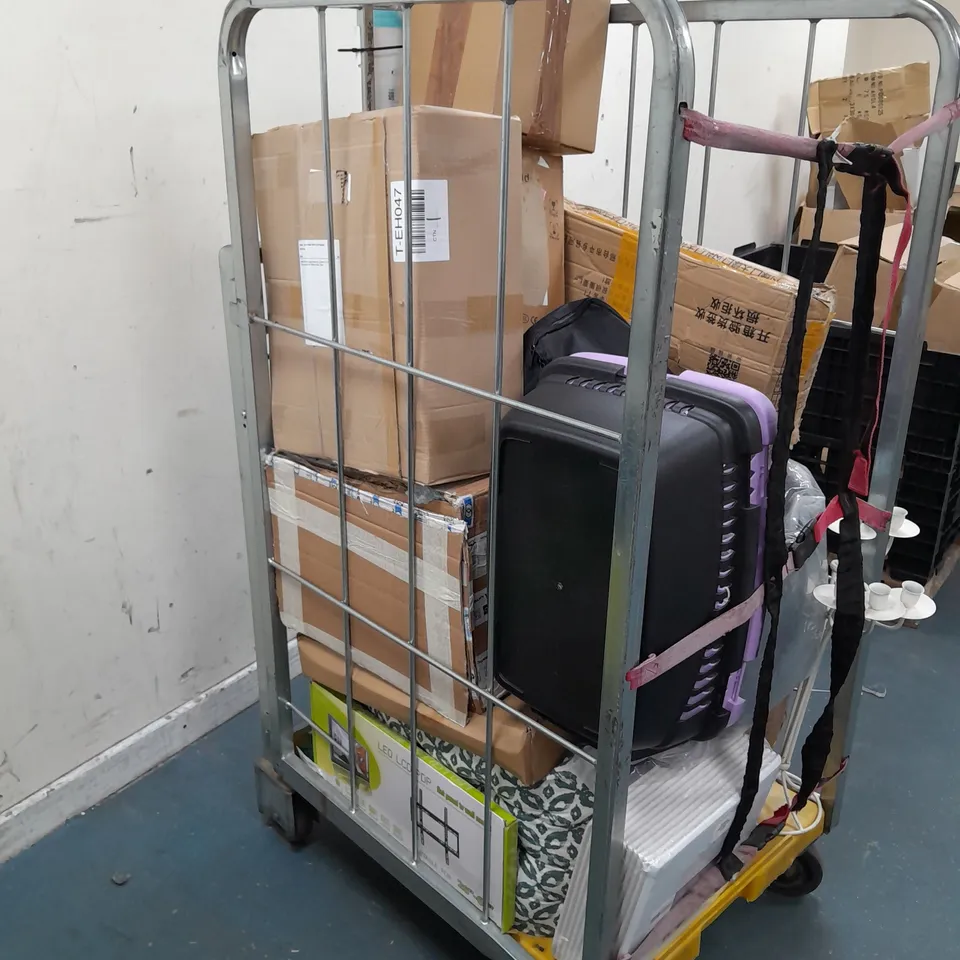 CAGE OF ASSORTED HOUSEHOLD GOODS TO INCLUDE DRYING RACK, SOUNDS ABSORPTION PANELS, CHICCO CHILD SEAT, WALL TV BRACKET, AND DOG BED ETC. 