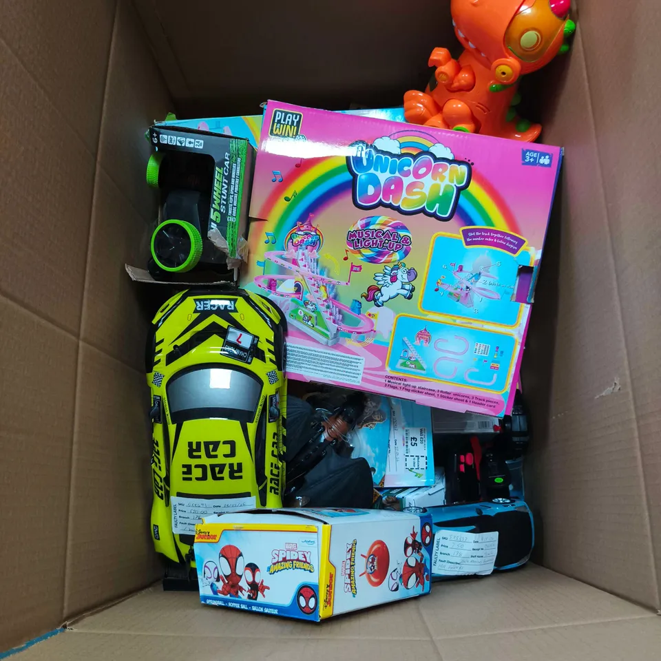 BOX OF APPROXIMATELY 12 ASSORTED TOYS INCLUDING TOY PTERANODON , SCHOOL YARD TUMBLE AND SPORT 78 TOY CAR