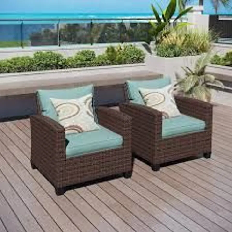 BOXED DARK BROWN RATTAN WICKER OUTDOOR PATIO LOUNGE CHAIRS WITH BLUE CUSHIONS