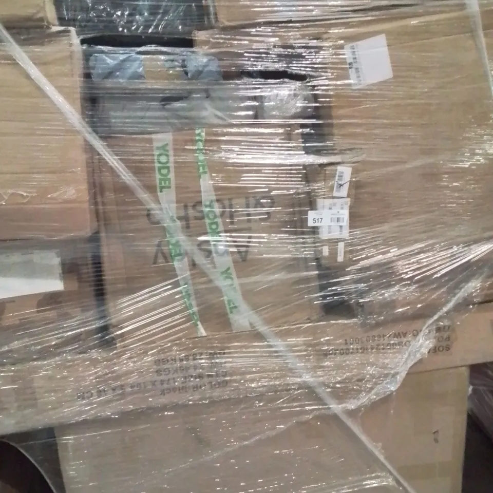 PALLET CONTAINING VARIOUS ASSORTED CUSTOMER RETURNS. TO INCLUDE, FABRIC SHELVING, KNITTING MACHINE, SHOES, SOFA BED PARTS ECT.