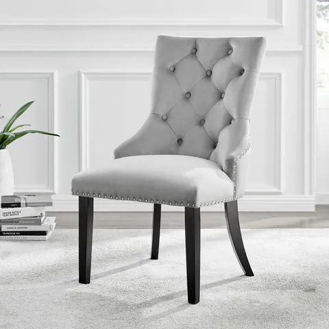 BOXED SET OF 2 BELGRAVIA GREY VELVET KNOCKERBACK DINING CHAIRS BLACK LEGS (1 BOX)