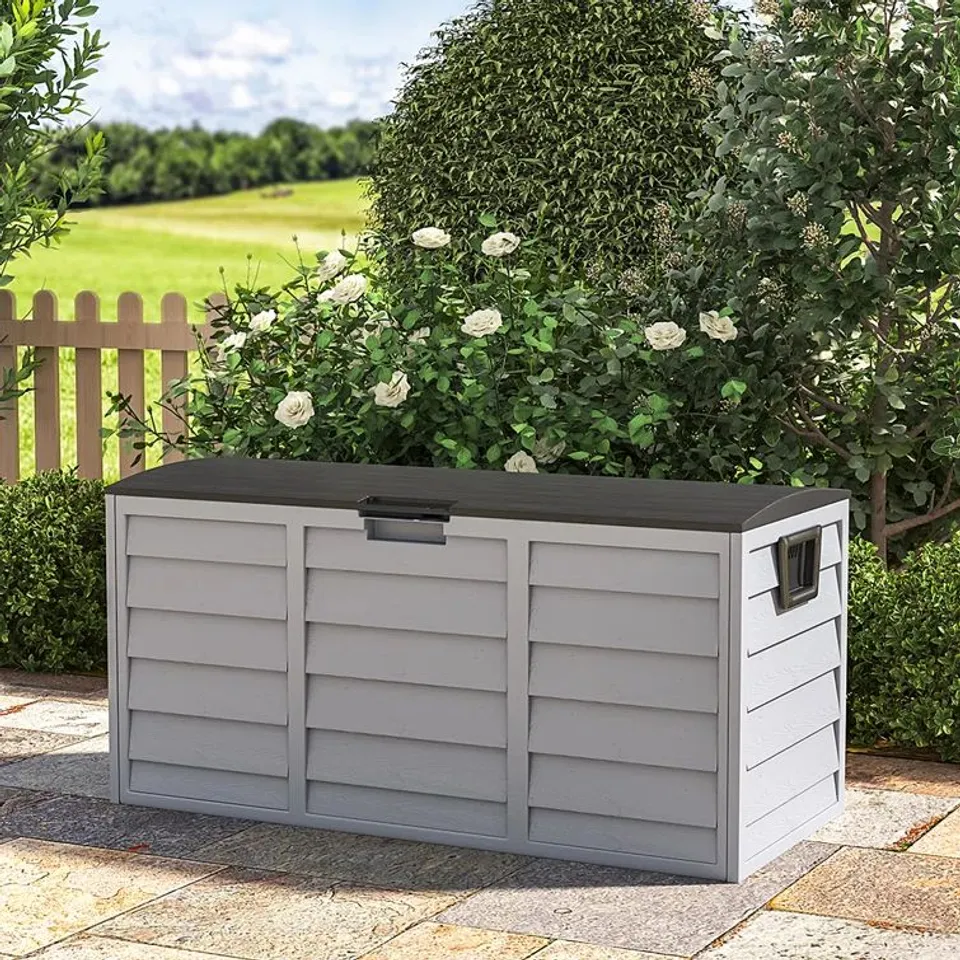 BOXED OUTDOOR NORTHWEST 112CM W 290L WATER RESISTANT PLASTIC DECK BOX WITH WHEELS - LIGHT GREY (1 BOX)