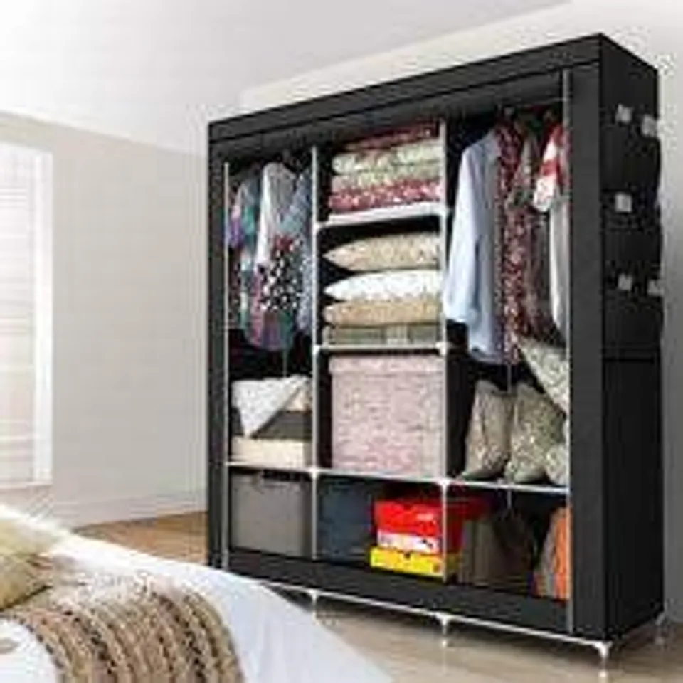 BOXED RHAMES FABRIC WARDROBE 130 X 75 X 45CM BLACK