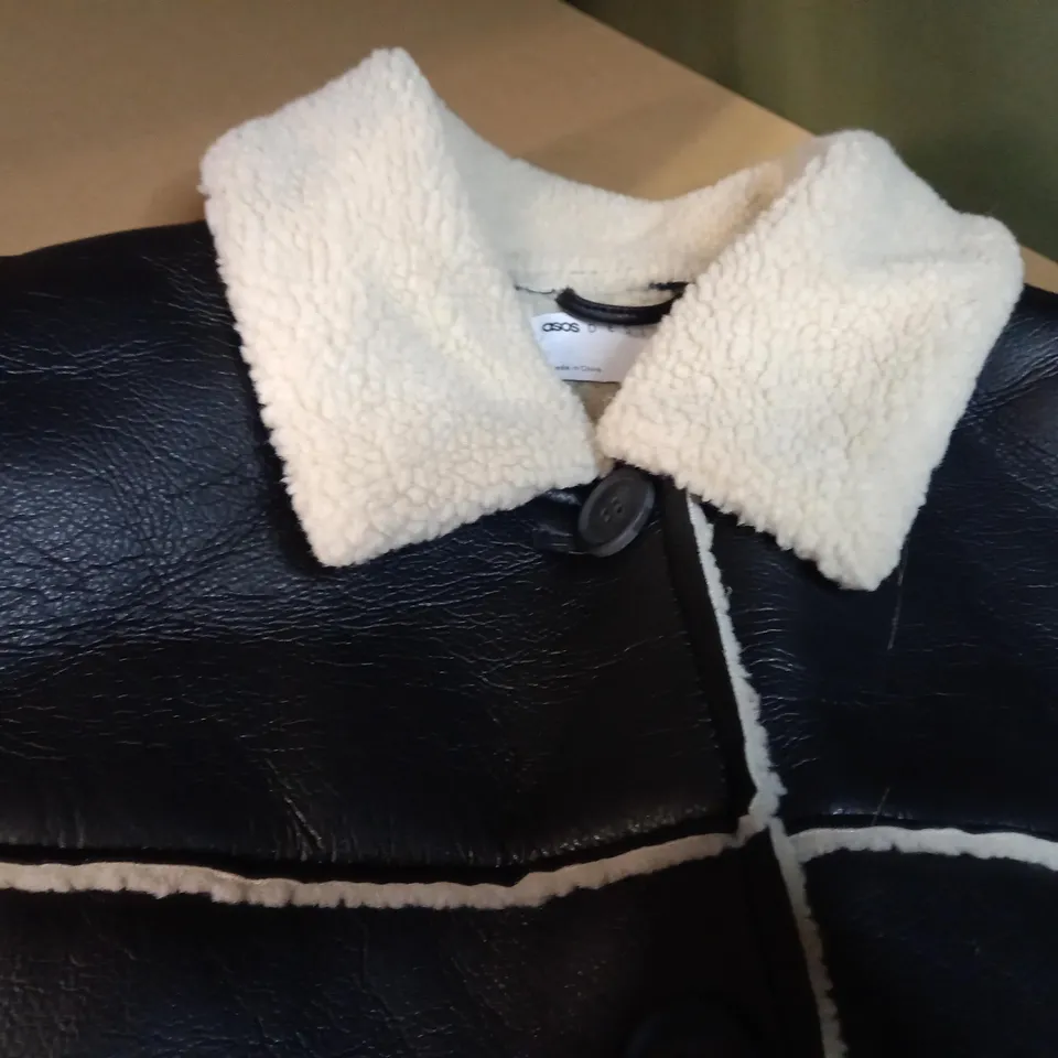 ASOS BLACK/CREAM BORG LINED BUTTON THROUGH JACKET - SIZE 14 PETITE