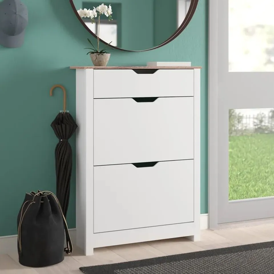 BOXED WOODEN 8 PAIR FLIP DOWN SHOE STORAGE