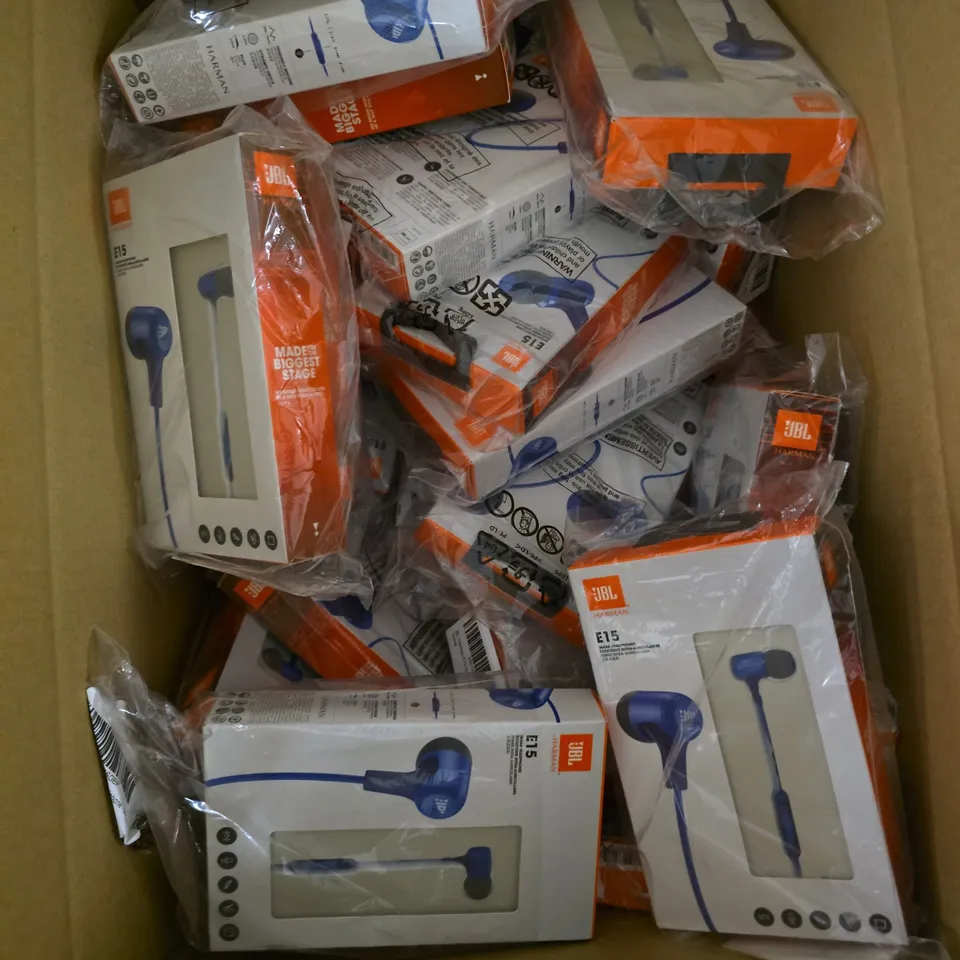 APPROXIMATELY 50 BOXED JBL E15 IN EAR WIRED HEADPHONES IN BLUE 