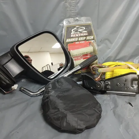 APPROXIMATELY 5 ASSORTED VEHICLE PARTS & ACCESSORIES TO INCLUDE RATCHET STRAPS, WING MIRROR, ARAMID GRIP TECH, ETC