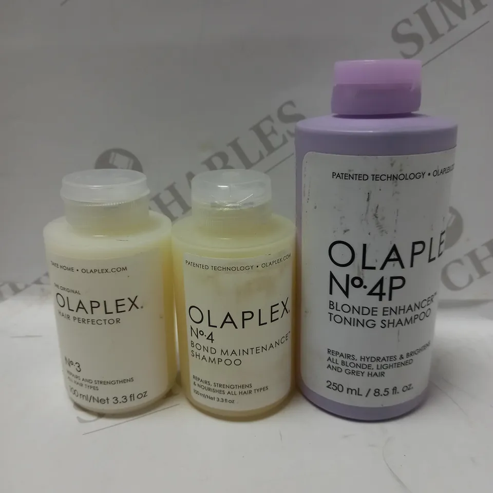 LOT OF 3 ASSORTED OLAPLEX PRODUCTS TO INCLUDE NO.3 HAIR PERFECTOR 100ML, NO.4 BOND MAINTAINANCE SHAMPOO 100ML, NO.4P BLONDE TONING SHAMPOO 250ML 